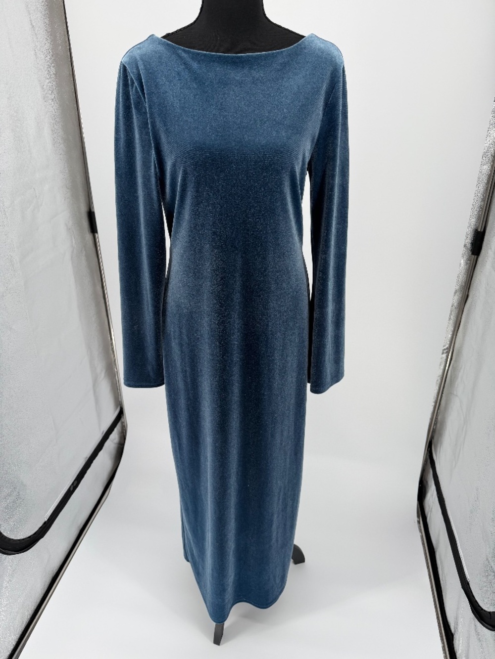 Reformation Slate Blue Velvet Low Open Back Long Sleeve Maxi Dress L